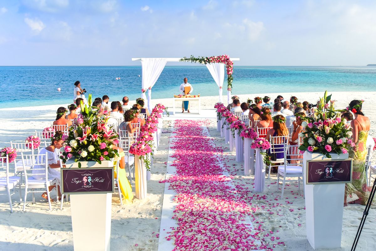 Wedding guests and a couple in a warm celebration setting